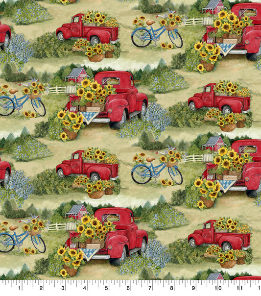Red Trucks and Bicycles Cotton Fabric