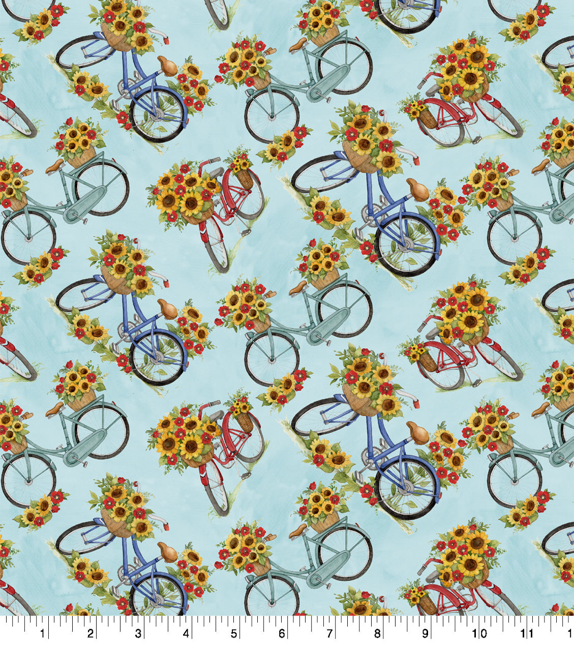 Red Trucks, Bicycles, and  Sunflowers Cotton Fabric